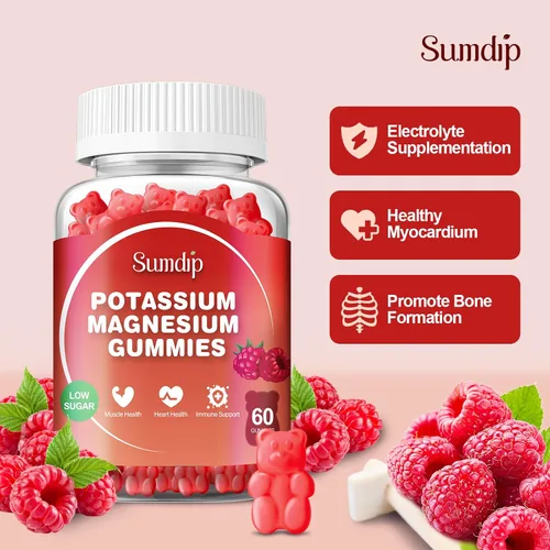 Vista 2 de Gomitas de magnesio y potasio, salud muscular y cardíaca, calambres en las piernas y sueño, suplementos de potasio, gomitas veganas sin OMG, sin
