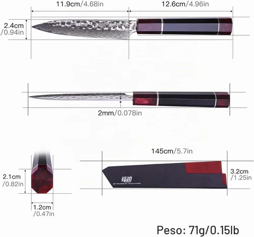Vista 4 de FINDKING Cuchillo de cocina multiusos de 5 pulgadas con funda de ABS, cuchillo mondador japonés multiusos, hoja de acero de Damasco, mango octogonal