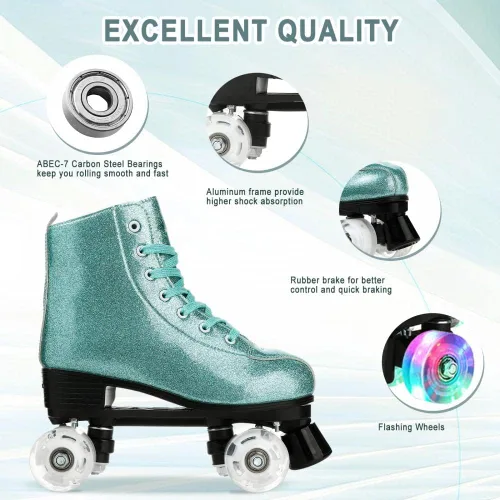 Vista 3 de XUDREZ Patines de ruedas para mujeres, patines de alta calidad holográficos de cuero de poliuretano, patines brillantes de doble fila de cuatro