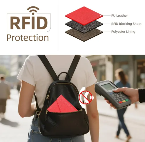 Vista 120 de Zoppen - Billetera de viaje con bloqueo RFID multiusos (Ver.4) Portatarjetas de pasaporte y vacunas, organizador de documentos de tres pliegues