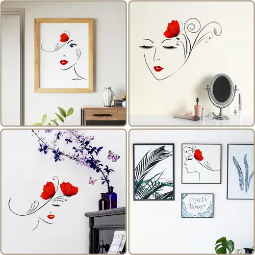 Vista 3 de 4 calcomanías de pared con contorno de cara de mujer, diseño de perfil, ojos y labios, calcomanías de pared autoadhesivas para el hogar, niñas