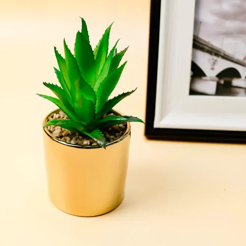 Vista 8 de Plantas artificiales suculentas de imitación de 7 y 5 pulgadas en macetas para decoración del hogar, juego de 2 macetas doradas