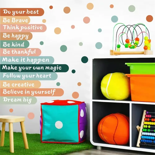 Vista 5 de Colorida calcomanía de pared inspiradora, citas motivacionales, calcomanías de pared con texto positivo para aula, diseño de lunares extraíbles