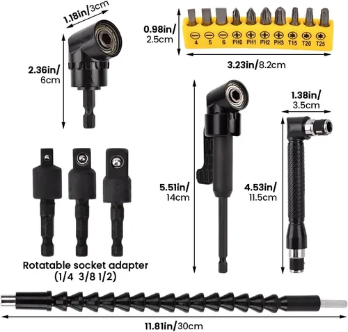 Vista 3 de 17 extensiones de broca flexible, con 3 adaptadores de enchufe giratorios, 2 accesorios de taladro hexagonal de 105° en ángulo recto, 10 puntas