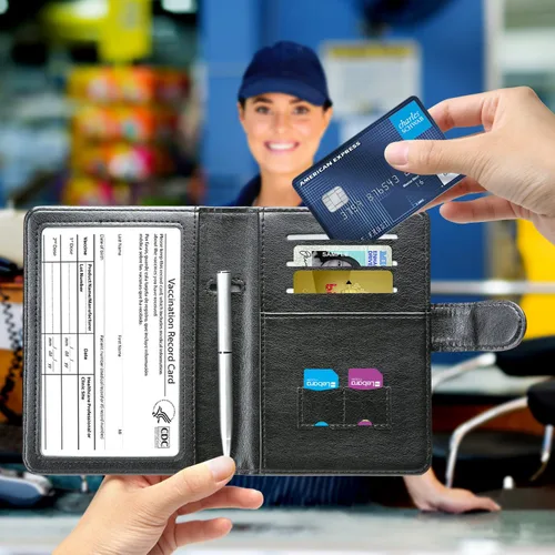 Vista 6 de MCmolis Combo de tarjetero para pasaporte y vacunas, funda de cuero con bloqueo RFID, protector organizador de documentos de viaje con ranura