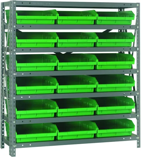 Vista 123 de Quantum QSBU-245BK Heavy Duty Shelving Unit with (7) Shelves and (24) QUS245 Black Bins for Garage Warehouse Storage Distribution 400 lb Load