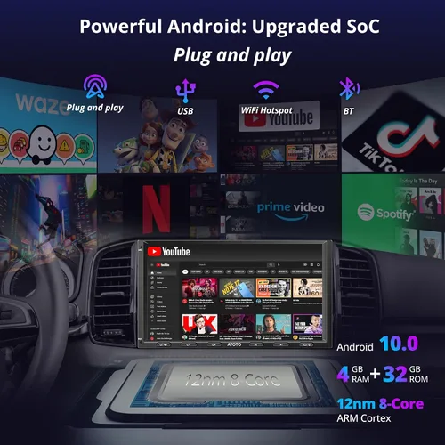 Vista 3 de S8 8-Core 4G+32G Estéreo de Coche Android Doble DIN, 4G LTE, WiFi/BT/USB Tethering, Pantalla Táctil QLED Inalámbrica de 7 Pulgadas CarPlay Android