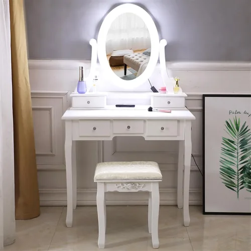 Vista 10 de okcomuy Mesa de tocador de maquillaje con espejo iluminado, tocador compacto con 5 cajones grandes para mujeres y niñas (blanco)
