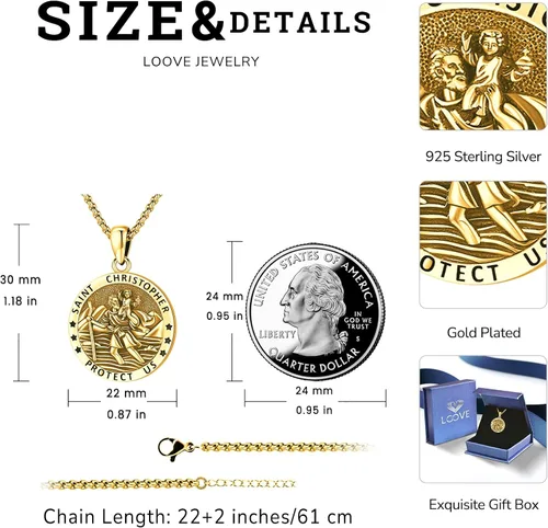 Vista 4 de LOOVE Collar de plata de ley 925 con medalla milagrosa de San MiguelSan CristóbaloCristóbal de JesúsSan BenitoVirgen María milagrosa para hombres