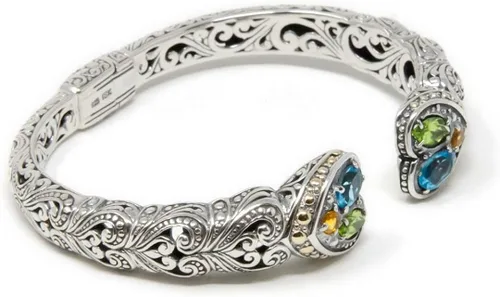 Vista 2 de Cinta Hati - Pulsera de corazón de amor Bali, plata de ley 925, oro de 18 quilates, topacio azul, peridoto y citrino