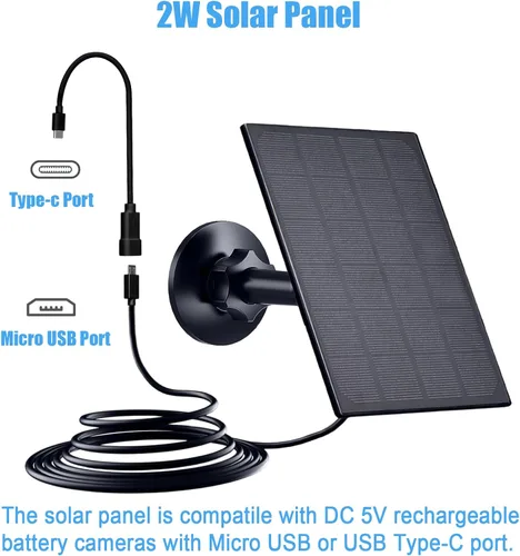 Vista 2 de Zivif Panel solar para cámara de seguridad, cargador solar de 2 W con puerto micro USB y USB-C para cámara de batería recargable, con soporte