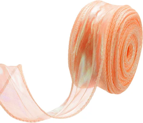 Vista 70 de MECCANIXITY - Cinta de organza con cable de 1 1/2" de ancho, brillante, transparente, con brillo irisado en tonos pastel, cinta de gasa para Beige