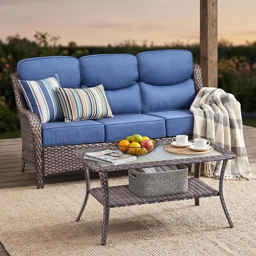 Vista 11 de Sofá de lujo para patio al aire libre, sofá de mimbre resistente para todo tipo de clima, sofá de 3 plazas con asiento profundo y funda extraíble