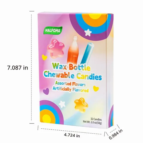 Vista 8 de Halfoma Botella de cera de caramelo masticable, con varios jarabes con sabor a fruta en el medio, en caja, 2.05 oz, 32 caramelos