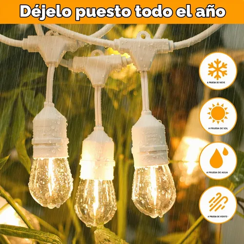 Vista 2 de Cadena de luces para exteriores de 96 pies (48 x 2), luz de patio de alambre blanco resistente de grado comercial con bombillas LED S14 Blanco-2700K