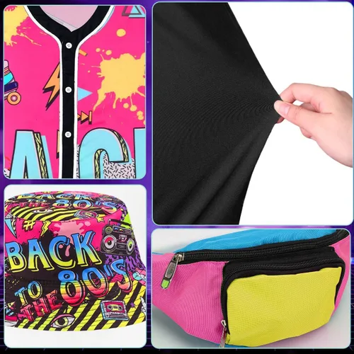 Vista 3 de Traje de los años 80 y 90 para mujer, camiseta de béisbol, pantalones cortos, riñonera, disfraz de fiesta retro, accesorios de representante