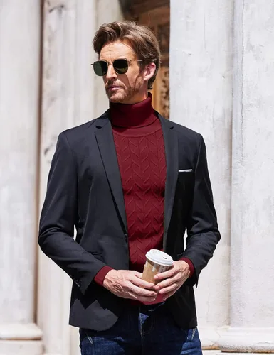 Vista 3 de COOFANDY Suéter de cuello alto ajustado para hombre, suéter casual de punto con patrón de torsión básica