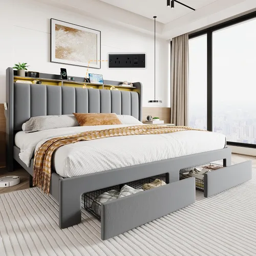 Vista 10 de SHA CERLIN Base de cama de plataforma de tamaño matrimonial con cabecera de canal vertical copetuda y 2 cajones de almacenamiento, estantes de 2