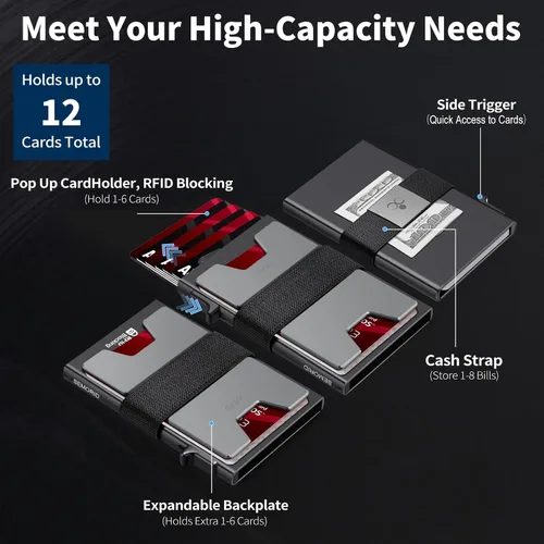 Vista 46 de Cartera delgada de aluminio para hombre, placa trasera expandible duradera, bloqueo RFID, billetera desplegable de metal minimalista, con capacidad