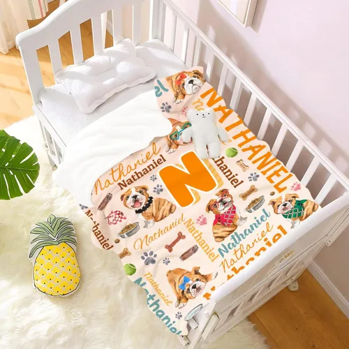 Vista 7 de Manta preescolar personalizada de bulldog para bebés, niños y niñas, sábanas de franela personalizadas súper suaves y ligeras, decoración para cuna