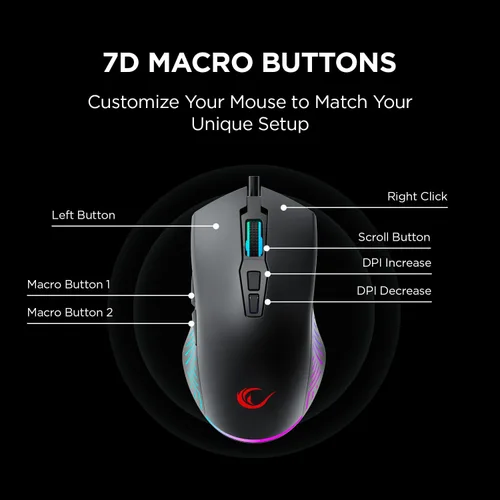 Vista 4 de Rampage Spear V2 - Mouse para juegos con cable negro con iluminación RGB, 12800 DPI, 7 botones programables, mouse ergonómico ligero