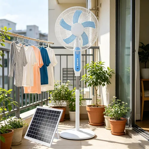 Vista 9 de Ventilador solar portátil, ventilador de pie oscilante solar de 16 pulgadas con panel solar, batería de 13200 mAh, luz nocturna LED integrada e Negro