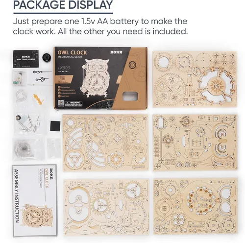 Vista 8 de ROKR Rompecabezas de madera 3D para adultos, kits de reloj mecánico, reloj de búho, kits de construcción de modelos de bricolaje, rompecabezas