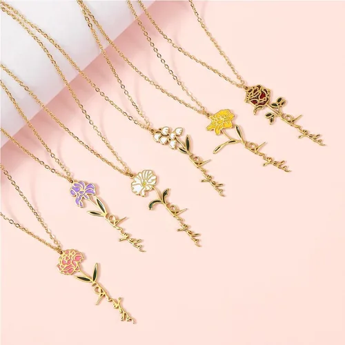 Vista 5 de Birth Flower Name Necklace Personalized 18K Gold Plated Birth Month Flower Necklace Dainty Flower Necklace Custom Jewelry Mothers Birthday Christmas