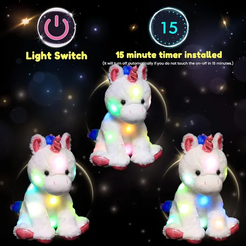 Vista 4 de Hopearl Unicornio de peluche con luces LED, flexible, con luces de noche que brillan en la oscuridad, para festival, cumpleaños, niños pequeños