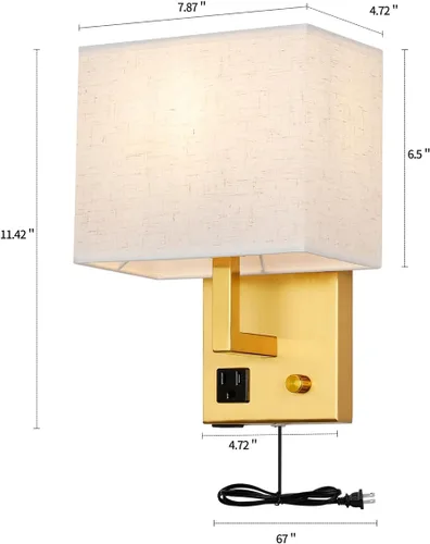 Vista 6 de Aplique de pared enchufable, lámpara de pared de cabecera con enchufe y interruptor regulable, con puerto de carga USB y toma de corriente, adecuado