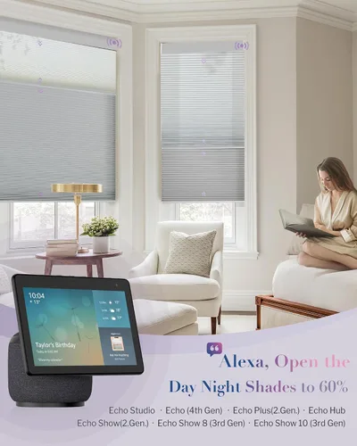 Vista 2 de Graywind Persianas celulares motorizadas con control remoto, persianas inteligentes de panal compatibles con Alexa y Google Home, oscurecimiento