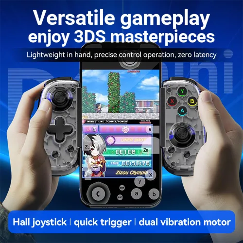Vista 2 de FINGEREVO D6 Mini controlador móvil para juegos iOS Android PC, BT5.3 y USB-C Streaming Gamepad retráctil para teléfonos Pads N-S transparente
