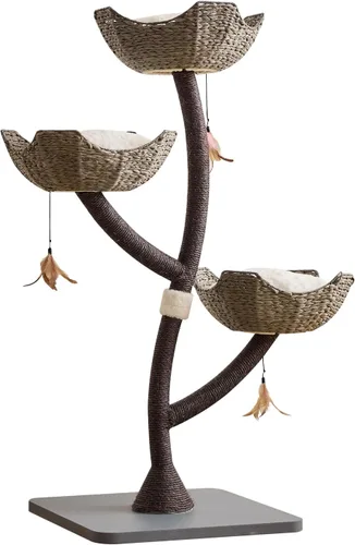 Vista 8 de Torre de árbol gris moderno de 52 pulgadas de alto para gatos grandes, postes rascadores para gatos con cestas tejidas a mano Condominio de lujo