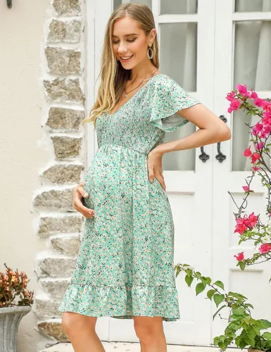 Vista 3 de Coolmee Vestido de maternidad de manga corta con volantes y cuello en V para mujer, vestido midi de verano casual fruncido fluido para baby shower