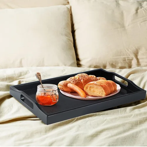 Vista 6 de MDLUU Juego de 3 bandejas de plástico para servir con asas recortadas, bandeja rectangular para mayordomo para desayuno en la cama, mesa de café