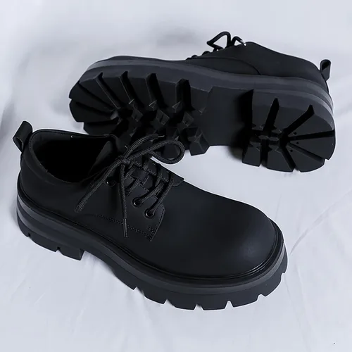 Vista 3 de Zapatos Oxford de plataforma de cuero para hombre, zapatos clásicos de vestir con cordones y punta redonda, cómodos, suela antideslizante, tacón