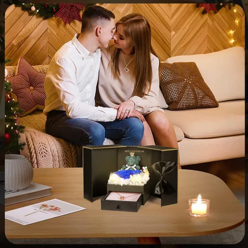Vista 4 de AddWel Regalos de rosas para mujer, rosas azules reales preservadas con collar I Love You en 100 idiomas y lindo oso de musgo para novia, esposa