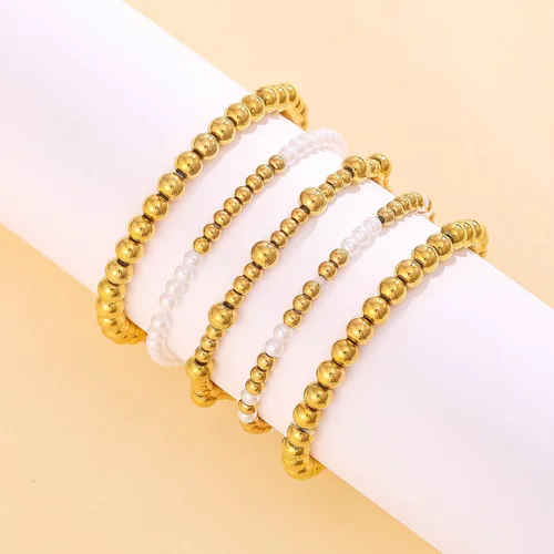 Vista 3 de KIWISE Pulseras de cuentas de oro para mujer, chapado en oro de 18 quilates, apilables, elásticas, juego de pulseras de bolas de cuentas, regalos