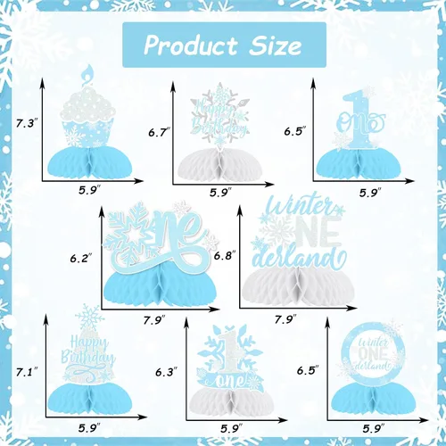 Vista 7 de Fangleland 8 centros de mesa de panal de copo de nieve azul para primer cumpleaños, 1er cumpleaños 3D decoraciones de mesa para niños de invierno