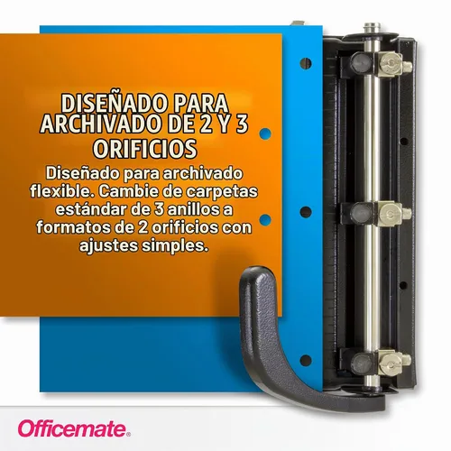 Vista 3 de Officemate Punzón de 2 a 3 agujeros ajustable resistente con mango de palanca, capacidad de 32 hojas, negro (90078)