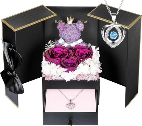 Vista 12 de AddWel Regalos de rosas para mujer, rosas azules reales preservadas con collar I Love You en 100 idiomas y lindo oso de musgo para novia, esposa