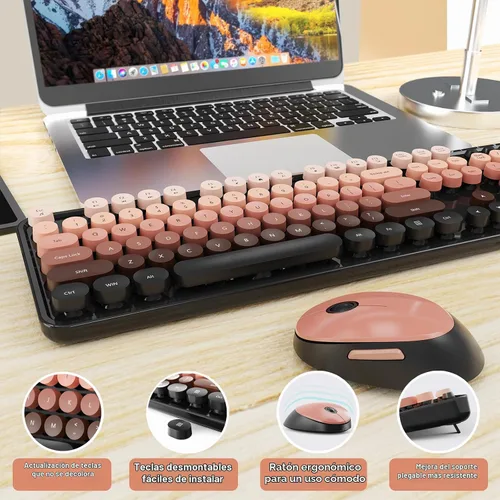 Vista 6 de SkyGive - Combo de teclado y mouse inalámbricos, teclado ergonómico de tamaño completo con diseño retro tipo máquina de escribir, con teclas