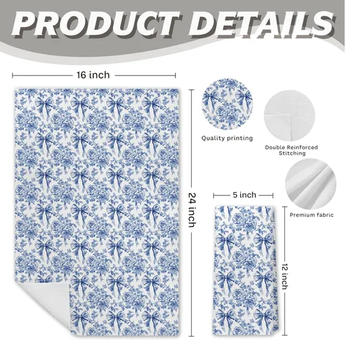 Vista 2 de Chinoiserie - Toallas de cocina florales con lazo coquette, paños de cocina florales azules y blancos para decoración de cocina, toallas de mano