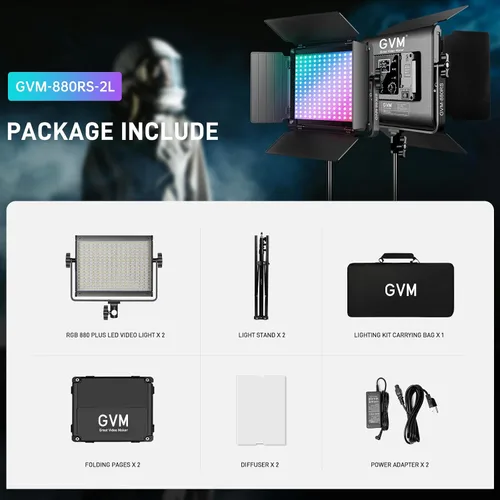Vista 7 de GVM - Luz de video LED RGB con control Bluetooth, kit de iluminación de estudio de fotografía de 60 W con soportes, 2 paquetes de luz LED 880RS