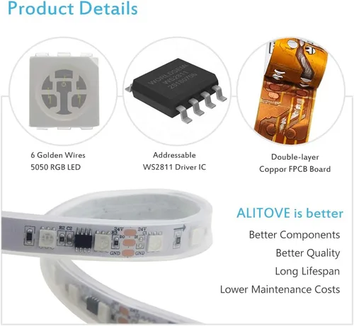 Vista 3 de ALITOVE WS2811 Tira de luz LED RGB direccionable de 24 V, 32.8 pies, 600 LED, color de ensueño programable, luces LED digitales de píxeles, luz