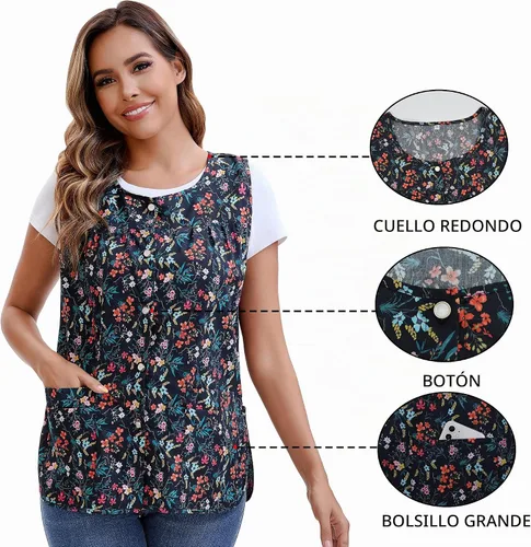 Vista 4 de Nanxson Delantal de cobbler para mujer, bata de algodón con 2 bolsillos de parche, delantal impreso con botones para el trabajo, cocina de chef