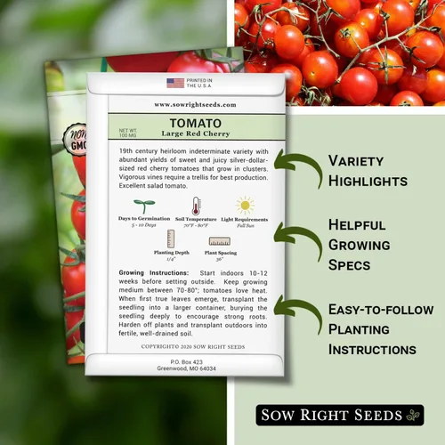 Vista 2 de Sow Right Seeds - Semillas grandes de tomate cereza roja para plantar - Paquete de reliquia sin OMG con instrucciones para plantar un huerto casero