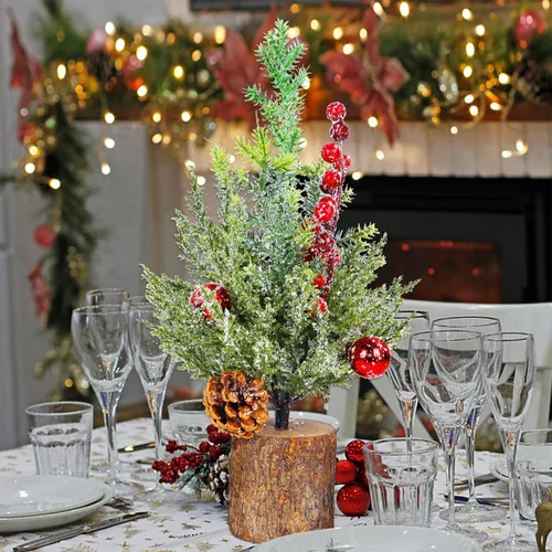 Vista 4 de Blissun Mini árbol artificial de Navidad de 15 pulgadas con luces, árbol de Navidad pequeño, pinos artificiales de Navidad con base de madera, mini