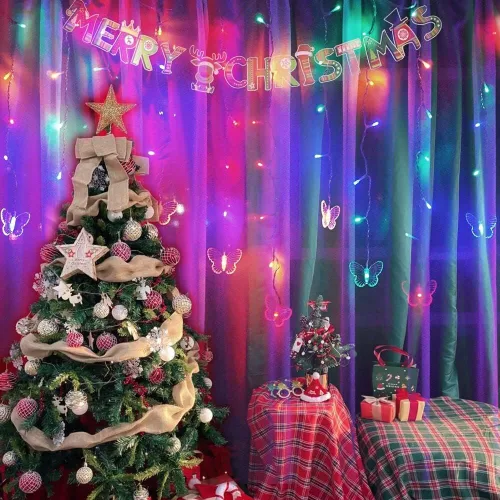 Vista 5 de Guirnalda de luces de cadena de hadas con cortina de mariposa, 120 LED, 8 modos, temporizador alimentado por USB, luz parpadeante de luciérnaga