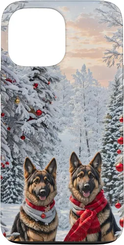 Vista 23 de iPhone 16 Lindo perro pastor alemán en paisaje nevado feliz Navidad caso